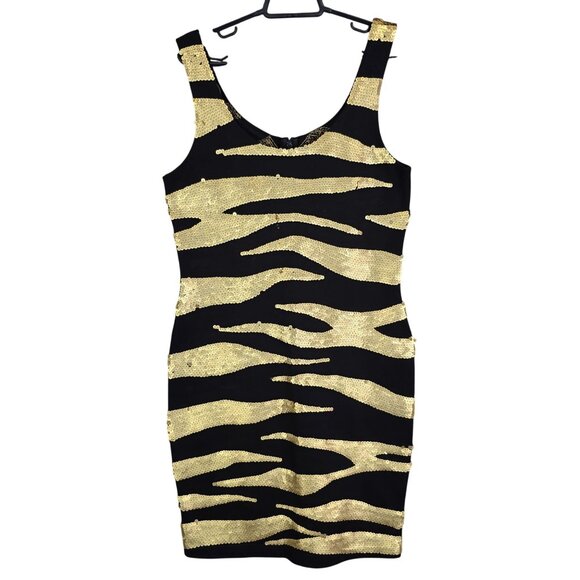 Womens Outlander Evening Gold & Black Sequin Zebra Print Bodycon Dress Size S - Picture 1 of 9